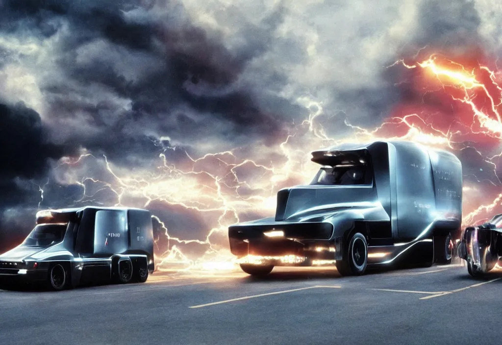 Prompt: a tesla cybertruck on the movie back to the future 2, reaching 8 8 mph, movie still, 4 k, movie grain, remastered, cinema, dramatic illumination, detailed, real,