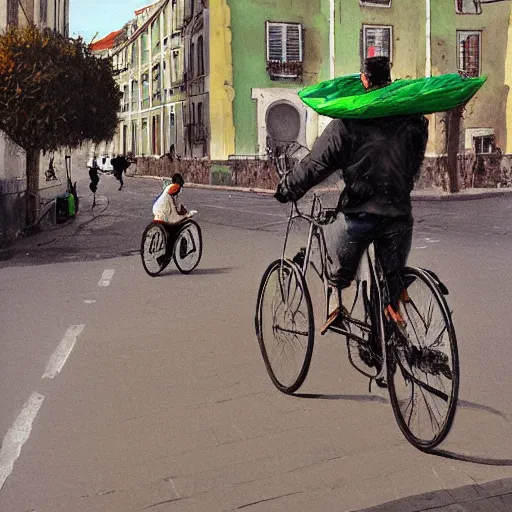 Prompt: a food delivery guy on his bicycle wearing a big green bag at the streets of Lisbon, art by Greg Rutkowski