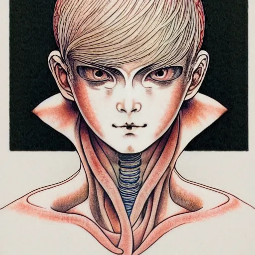 Image similar to prompt: Fragile looking character soft light portrait face drawn by Takato Yamamoto and Katsuhiro Otomo, tattooed face, inspired by Akira 1988 anime, alchemical objects on the side, soft light, intricate detail, intricate gouache painting detail, sharp high detail, manga and anime 2010