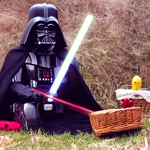 Prompt: a photo of darth vader having a picnic with a bunny