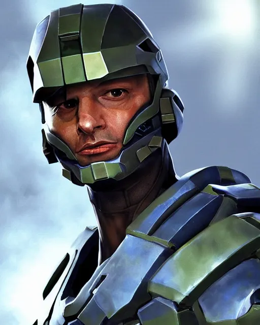 Image similar to jeff goldblum in a halo spartan suit, visible face, medium shot, video game digital art