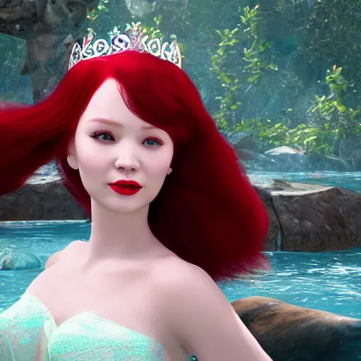 Prompt: princess mermaid red hair droped in white garmets unreal engine