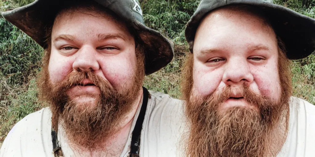 Prompt: obese redneck white male with long beard, wearing dirty overalls, dirty face, grin, portrait, close up, kodak gold 2 0 0, 5 0 mm