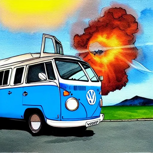 Image similar to a fisheye perspective caricature watercolor painting of a vw volkswagen bus, camper, bulli, type - 2, microbus, kombi, flying towards the camera, jumping at the viewer, dynamic action shot, fish eye lense, frontal, a dramatically erupting vulcano is seen in the background