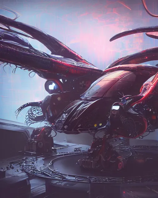 Image similar to detailed photo of rainbow stag beetle shaped alien vehicle, laboratory, mechanical, 8 k, by daniel mcgarry, xiaolong wang, trending on artstation, hyper detailed, beautiful lighting, epic environment