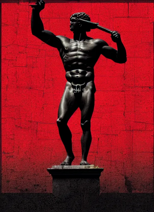 Image similar to black background, statue of hercules, ( ( ( skeleton ) ) ), grey, thin lines, dark, red grid, glitch art, neo vaporwave, gritty, movie poster, trending on artstation