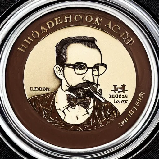 Image similar to A photograph of an unwrapped high quality swiss chocolate coin that is engraved with a portrait of a young bearded leon redbone smoking a cigar, highly detailed, close-up product photo, depth of field, sharp focus, appetizing, foil nearby