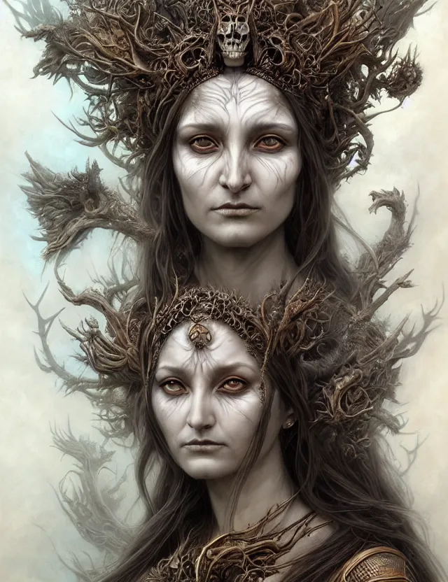 Image similar to a beautiful detailed 3d matte painting of face portrait of female Sumarian Deat Goddess, by ellen jewett, tomasz alen kopera and Justin Gerard, symmetrical features, ominous, magical realism, texture, intricate, ornate, royally decorated, skull, skeleton, whirling smoke, embers, white adornements, white torn skulls, radiant colors, fantasy, trending on artstation, volumetric lighting, micro details, 3d sculpture, ray tracing, 8k