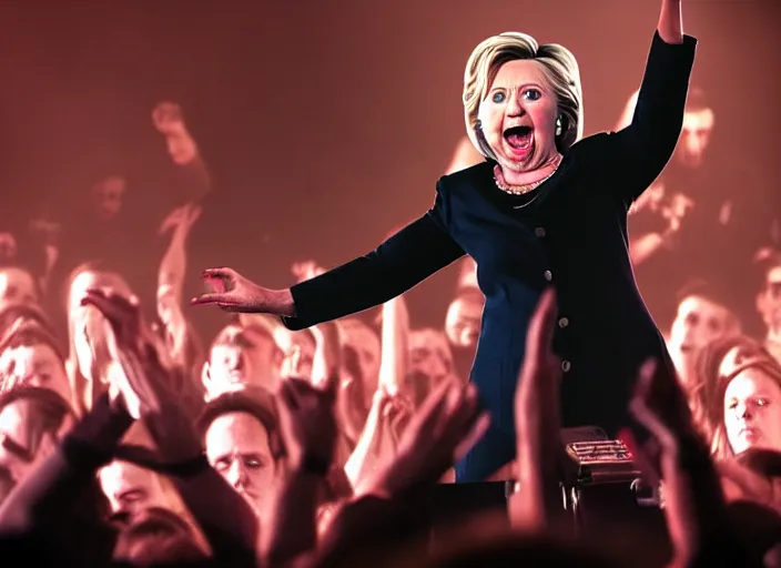 Image similar to publicity photo still of hillary clinton in a death metal band playing live on stage, 8 k, live concert lighting, mid shot