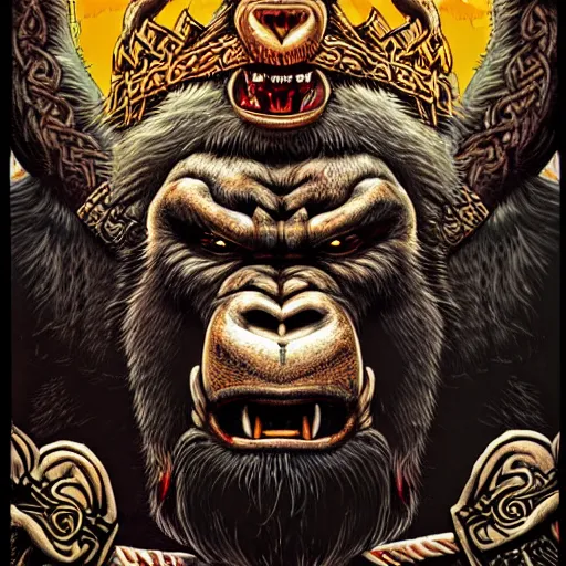 Image similar to close up view, barong family member, viking warrior, viking beard, reindeer horns, runic inscription, king kong, gorilla, wiwek, mara demon, one single tribe member, jungle, one single mask, dark, ancient warrior, tribal, inner glow, art by dan mumford and justin gerard and bob pepper