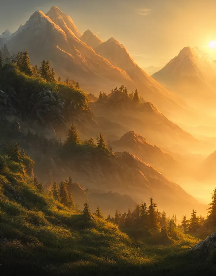 Image similar to Landscape representing a forest with mountains on the sides and a large kaje in the middle with the sun on the horizon, hyperdetailed, artstation, cgsociety, 8k
