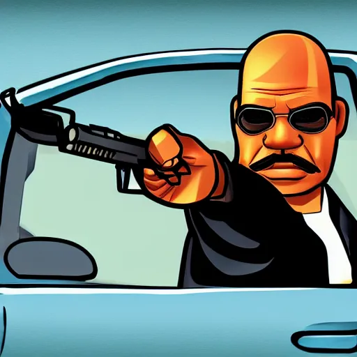 Image similar to old man in car holding gun, gta san andreas art