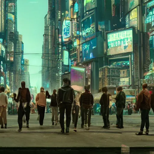 Prompt: award-winning cinematic still of a crowd of human clones, highly-detailed, establishing shot, cyberpunk style