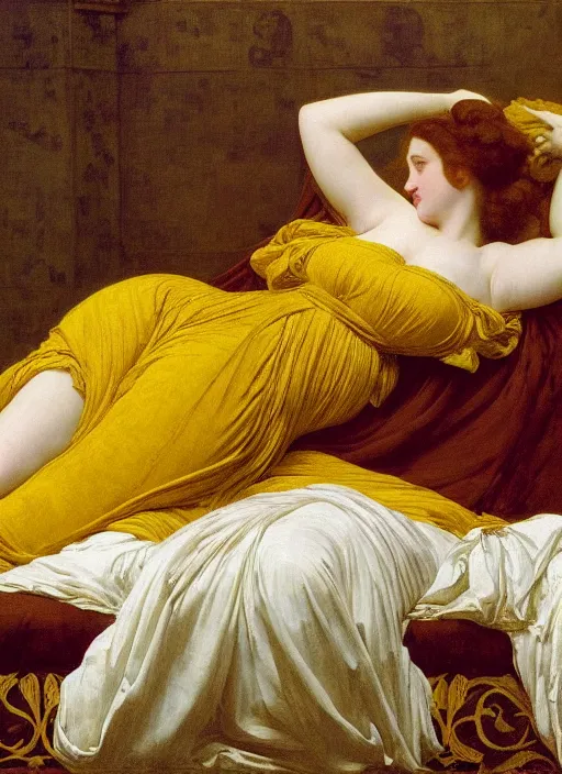 Image similar to masterpiece portrait of lady reclining on bed wearing yellow ochre ornate medieval dress, foreshortening, colour photography by frederic leighton, william morris, 8 k