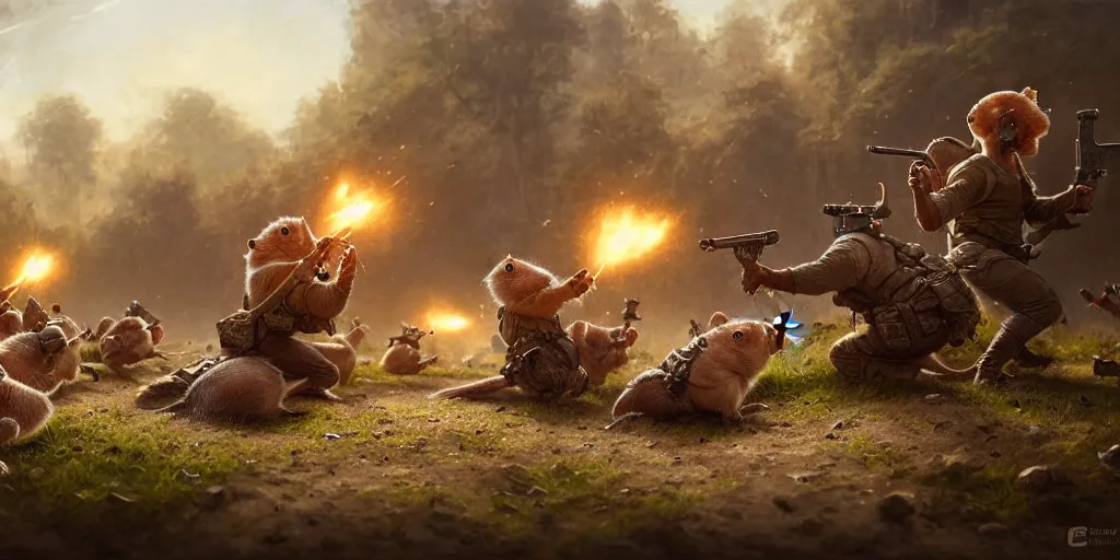 Image similar to highly detailed image of hamsters in a battle, hamsters, hamsters holding rifles, stephen bliss, unreal engine, fantasy art by greg rutkowski, global illumination, radiant light, detailed and intricate environment