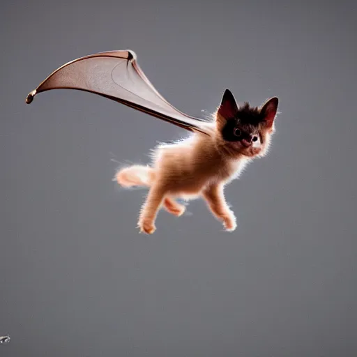Prompt: a bat kitten, in flight, Nikon, telephhoto