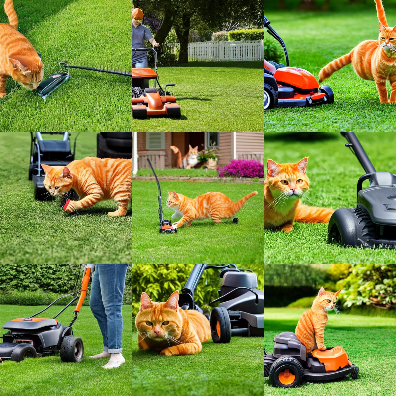 Prompt: orange tabby cat mowing a lawn using a lawnmower