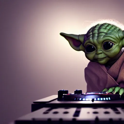 Image similar to full body pose, hyperrealistic photograph of baby yoda as a dj, dim volumetric lighting, 8 k, octane beautifully detailed render, extremely hyper detailed, intricate, epic composition, cinematic lighting, masterpiece, trending on artstation, very very detailed, stunning, hdr, smooth, sharp focus, high resolution, award, winning photo, dslr, 5 0 mm