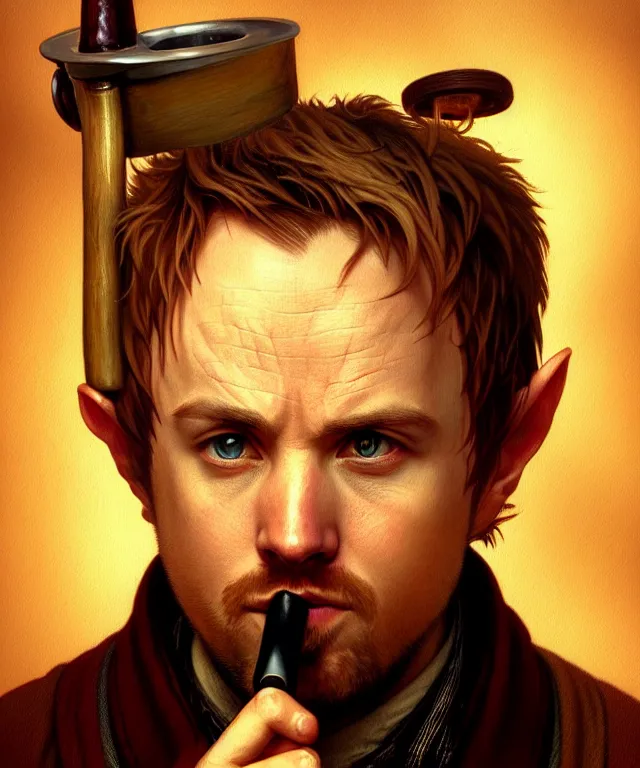 Image similar to portrait hobbit jesse pinkman, smoking a wooden pipe, caricature, headshot, highly detailed, digital painting, artstation, concept art, sharp focus, cinematic lighting, illustration, art by artgerm and greg rutkowski, alphonse mucha, cgsociety