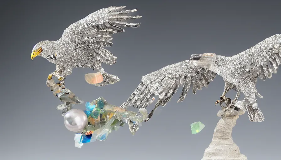 Image similar to diamonds, pearls, ice crystals, opals and other various gemstones being thrown around in the shape of a hawk by a tornado, museum sculpture, 4k, high quality photograph, award-winning