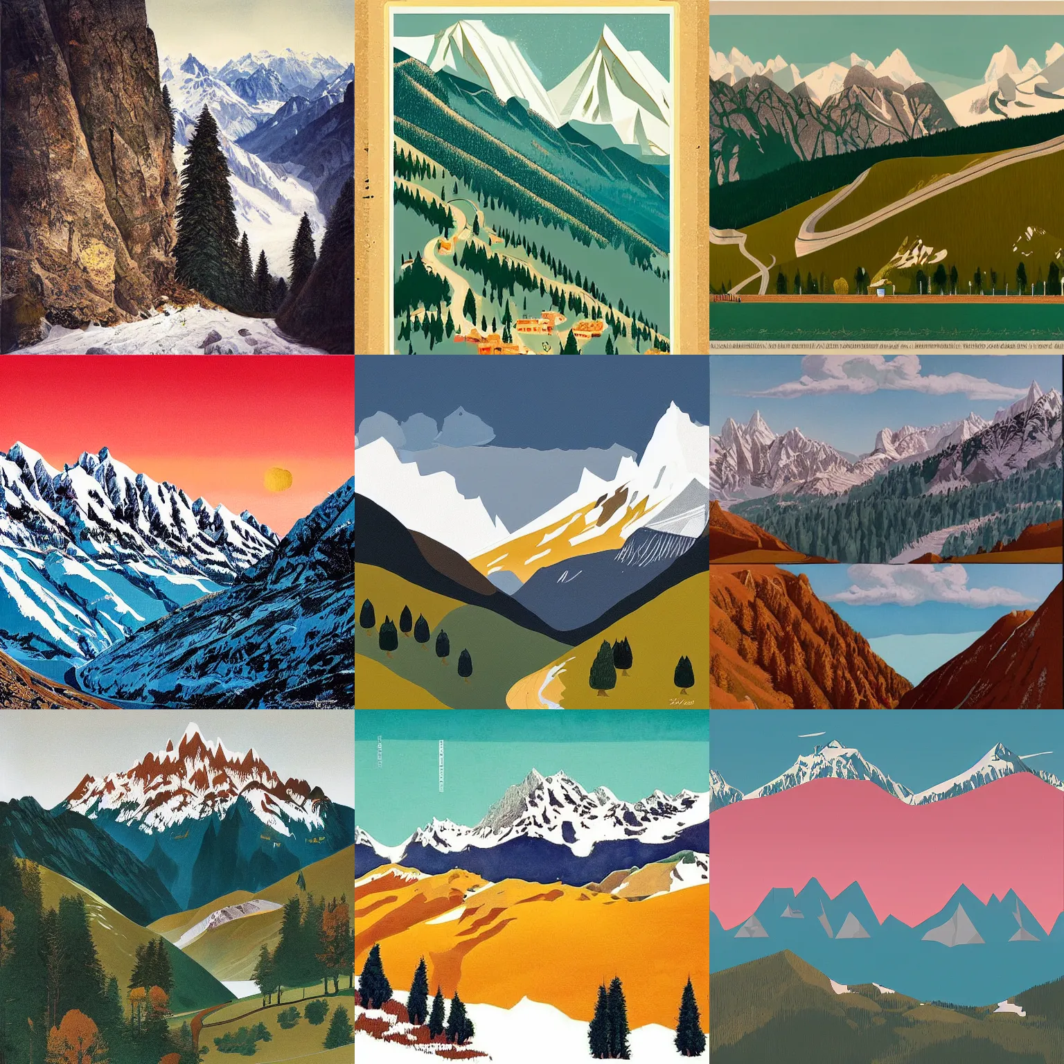 Prompt: landscape art of the alps by wes anderson