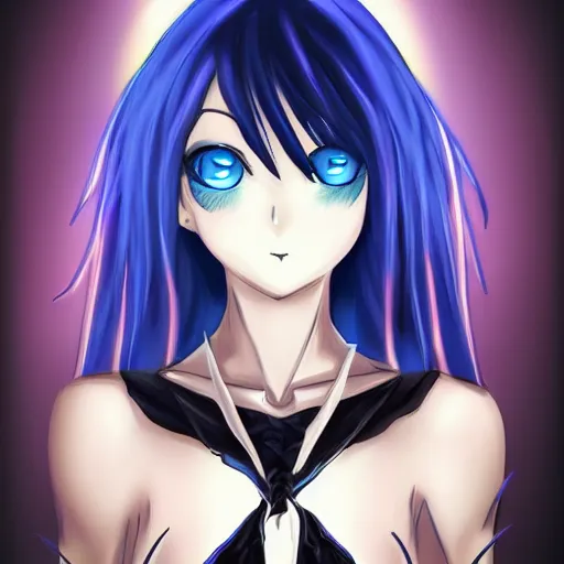 Image similar to beautiful female wizard, blue eyes, black clothing, daughter of death, anime style, concept art