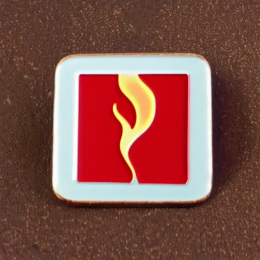 Image similar to a square enamel pin of a retro minimalistic 1 9 6 0 s fire flame warning label, smooth curves