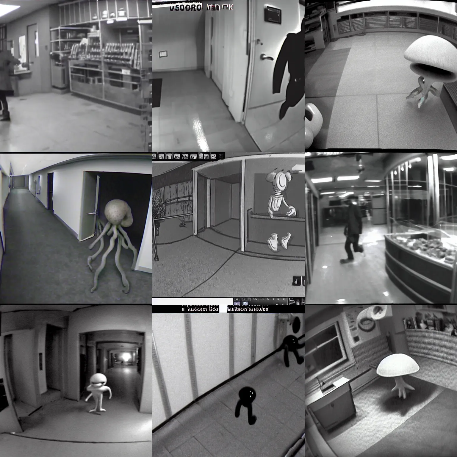 Prompt: security cam footage of an eldritch creature. mushroom humanoid bank robber