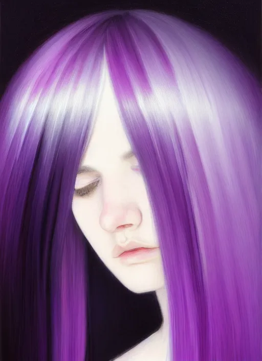 Image similar to hair whitebangs hair, black hair, blackbangswhitehair, portrait of teenage girl with white bangs, red irises, purple clothes, white bangs, bangs are different color from hair, intricate, elegant, glowing lights, highly detailed, digital painting, artstation, concept art, sharp focus, illustration, art by wlop, mars ravelo and greg rutkowski