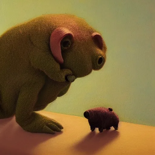 Image similar to a tardigrade-moss-piglet by Raphael, Hopper, and Rene Magritte. detailed, romantic, enchanting, trending on artstation.