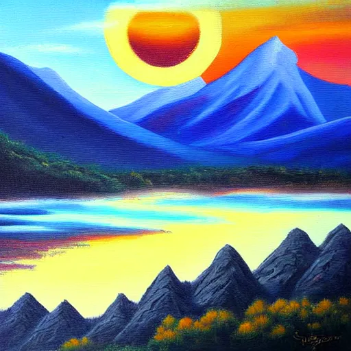 Image similar to beautiful mountain and a rising sun oil painting by spencergore