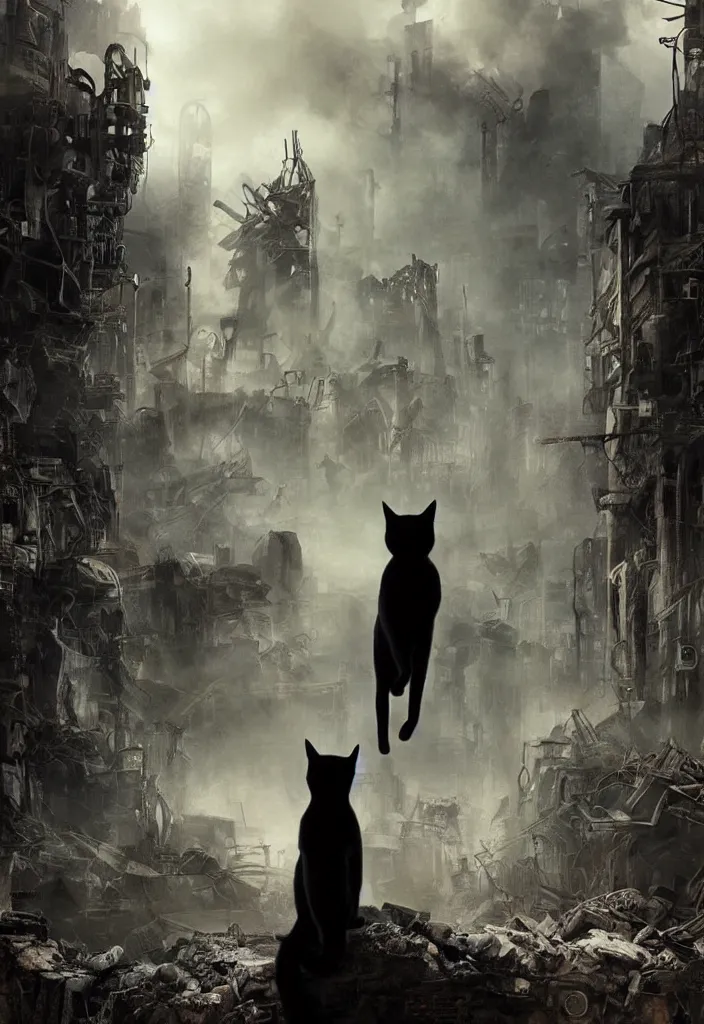 Prompt: One black cat standing on a rock, in the background is a destroyed dystopian city with mist, steampunk, digital art, very detailed, movie poster made by drew struzan, realistic