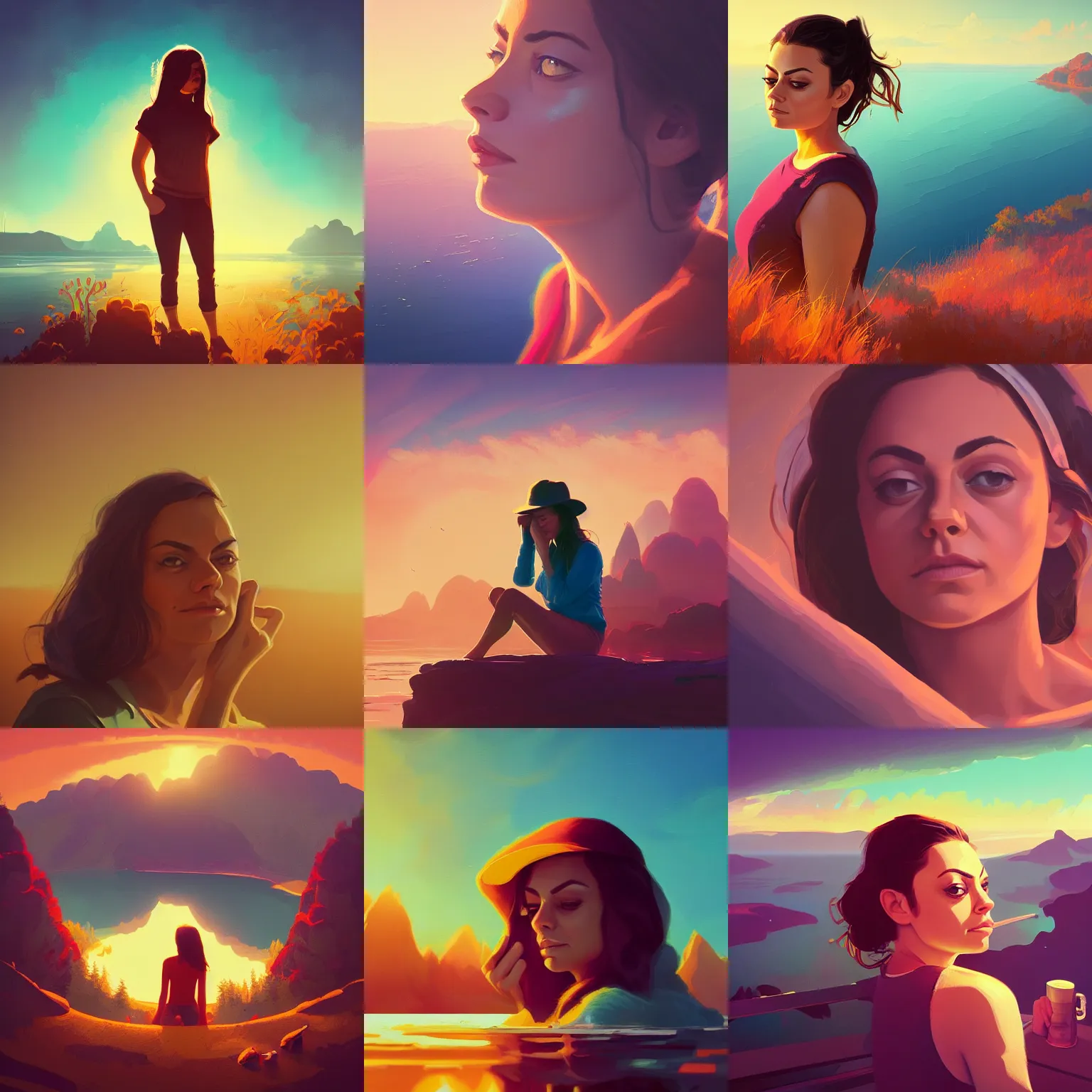 Image similar to close - up portrait of sleepy mila kunis, morning golden hour, steaming coffee, mystical lake view vista, anton fadeev, paul lehr, rhads, alena aenami