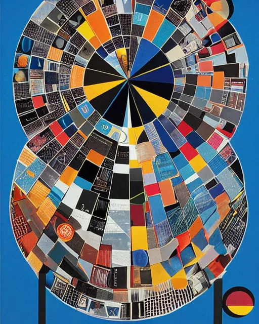 Prompt: A mid-century modern collage, made of random geometric segments cut from fashion magazines, science magazines, and textbooks, of 2001: A Space Odyssey film poster. 1968