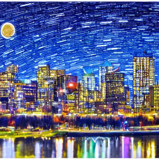 Prompt: calgary cityscape skyline in the style of starry nights