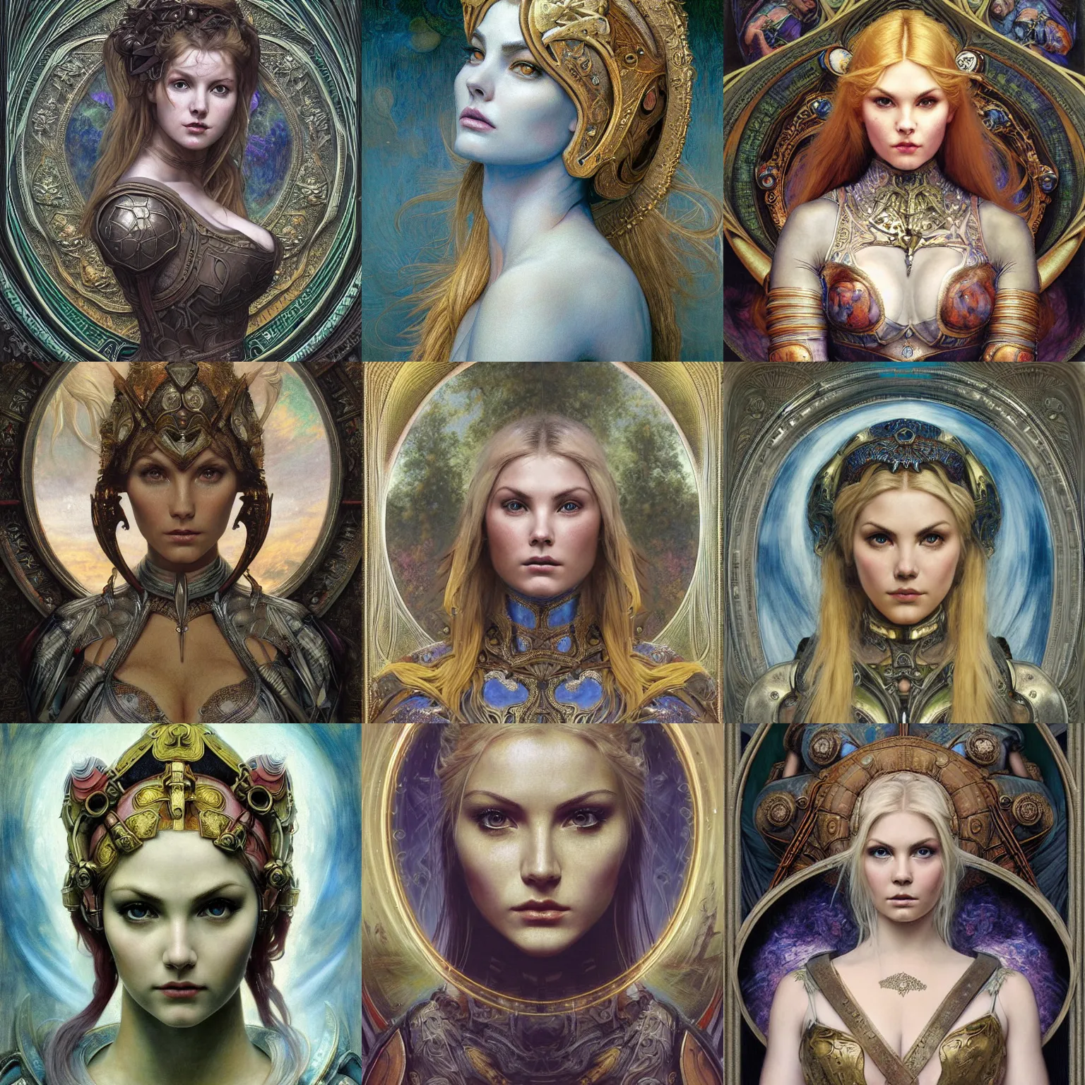 Prompt: masterpiece head-on symmetrical centered portrait, Elisha Cuthbert as a Warcraft warrior, wearing steel plate armour over chest, blonde hair, masterpiece fractal art nouveau background, elegant, distant, Pre raphaelite art style, in the style of Edgar Maxence and Ross Tran and Zdzisław Beksiński and Gustave Doré and H.R. Giger and Mucha, specular highlights, 8k, octane render