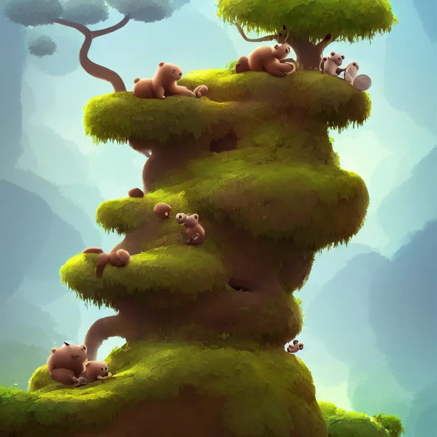 Prompt: A river, a baby bear on top of a trunk, jungle, art by Goro Fujita, ilustration, concept art, sharp focus, ArtStation, Deviantart