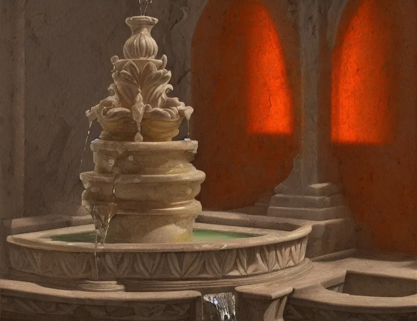 Prompt: carved marble fountain with orange soda. oil painting, indie concept art, bloom, chiaroscuro, backlighting, intricate details, depth of field.