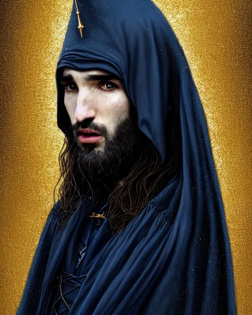 Prompt: wizard the sandman tom sturridge, long black hair blue wearing cloth mantle gothic navy cloak with gold details, tree town, fantasy character portrait, ultra realistic, intricate, elegant, cinematic lighting, highly detailed, trending cgsociety, artstation, smooth, sharp, focus, illustration, art by artgerm and greg rutkowski and alphonse mucha