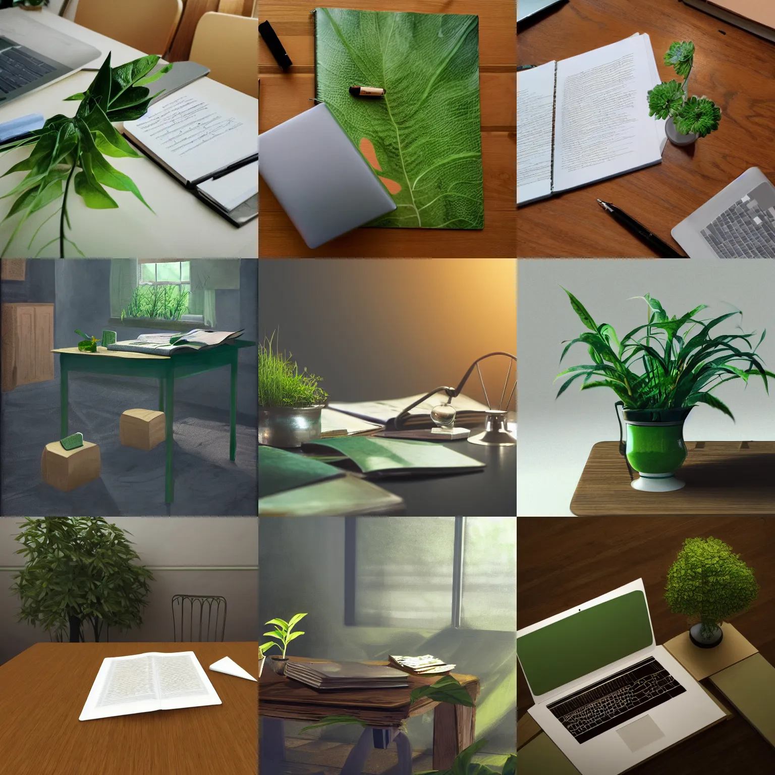 Prompt: photo of green wild plant sitting at the table with opened laptop and many written papers, textbooks and books, artstation, award winning, 8k, realistic, hd