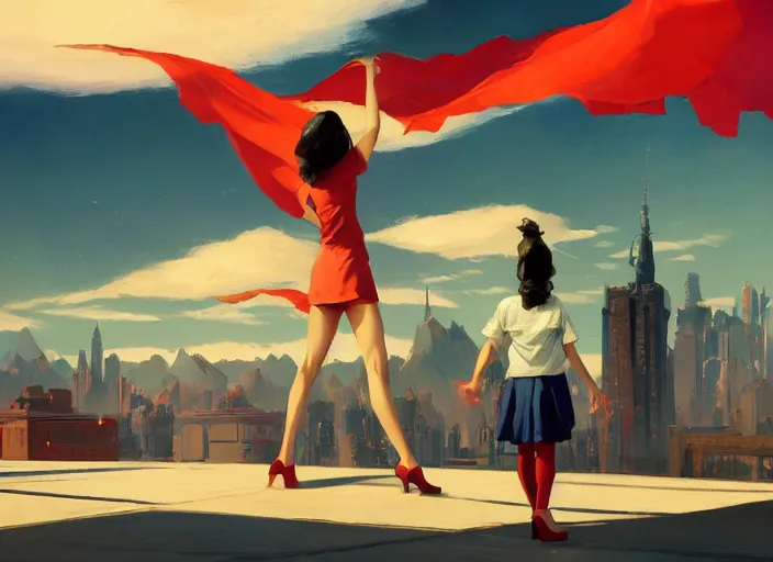 Prompt: gorgeous inspiring girl enthusiastically waving a red flag over her head to manage flying car traffic in aMandelbrot fractal futuristic bustling utopian city by Craig Mullins, ilya kuvshinov, krenz cushart, artgerm trending on artstation by Edward Hopper and Dan Mumford and WLOP and Rutkovsky, Unreal Engine 5, Lumen, Nanite, low poly