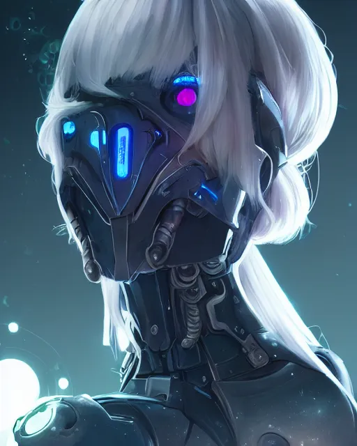 Prompt: holy cyborg necromancer girl, elegant, perfect face, scifi, futuristic, utopia, garden, illustration, atmosphere, warframe, blue eyes, white hair, artstation, nier automata, highly detailed, art by yuhong ding and chengwei pan and serafleur and ina wong