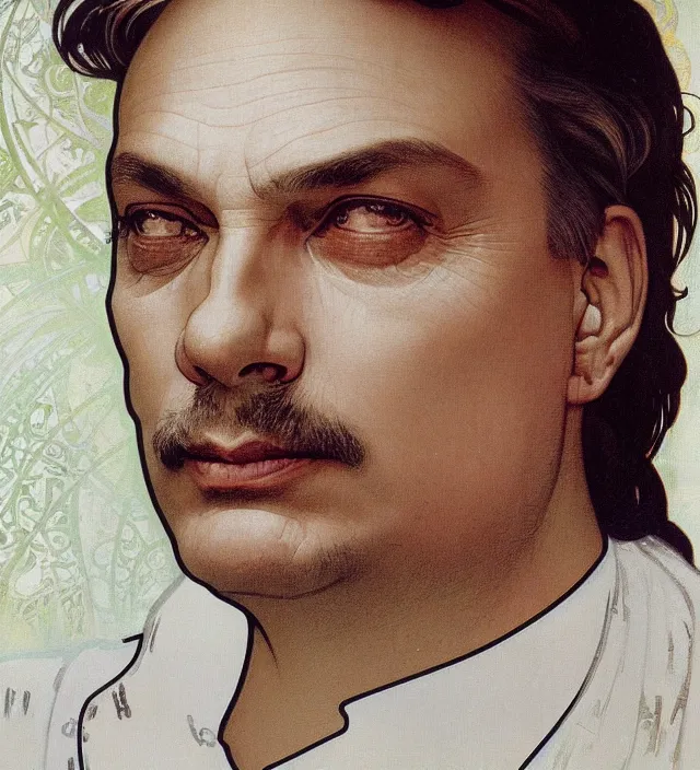 Image similar to detailed closeup portrait of viktor orban by alphonse mucha, ayami kojima, yoshitaka amano