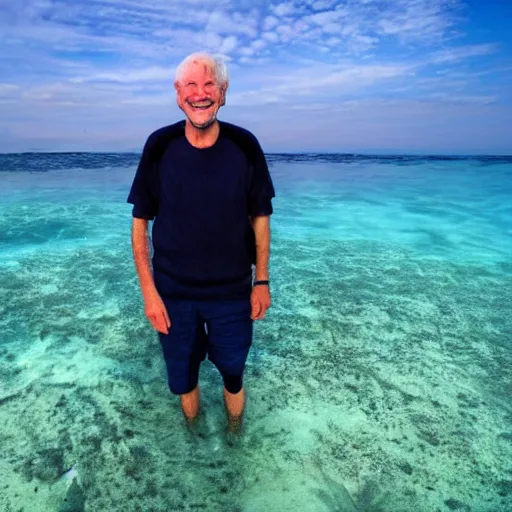 Prompt: a smiling old man standing on the sea floor