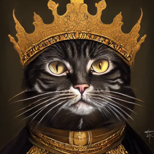 Image similar to an oil painting portrait of a cat wearing medieval royal robe and an ornate crown on a dark background, digital Art, concept Art, highly detailed, 3-D 4K, trending on art station, Award winning, Mark Brooks