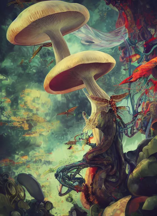 Image similar to surreal gouache painting, by yoshitaka amano, by ruan jia, by Conrad roset, by good smile company, detailed anime 3d render of a wild mushroom Surrounded by magical dragonfly and a big DJ Mixer, deck, portrait, cgsociety, artstation, rococo mechanical and Digital and electronic, dieselpunk atmosphere