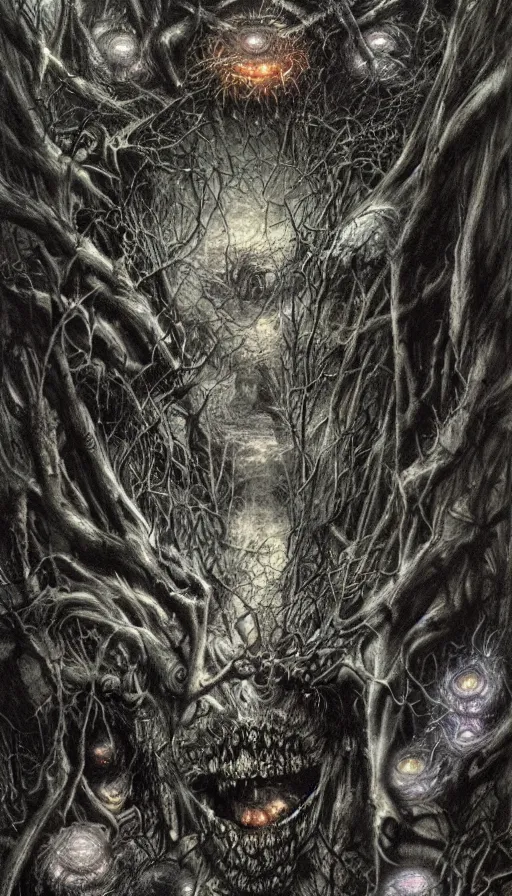 Image similar to a storm vortex made of many demonic eyes and teeth over a forest, by luis royo,