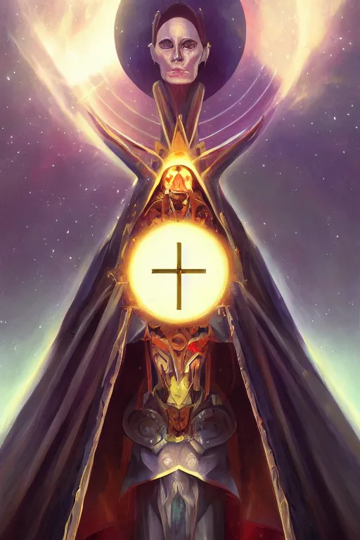 Prompt: portrait of the galactic arch bishop of death, the nova cross holds the power of the sun, by ross tran, oil on canvas