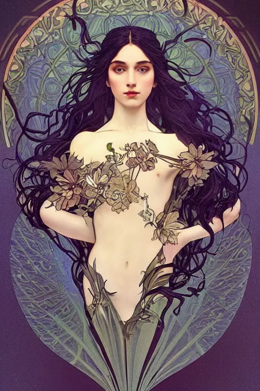 Image similar to a goddess of dark flowers!! hair in the wind! with a beautiful symmetrical face!!! cinematic lightning, murky dusty deep, smoky eyes, isolated, studio lighting by alphonse mucha and tom bagshaw
