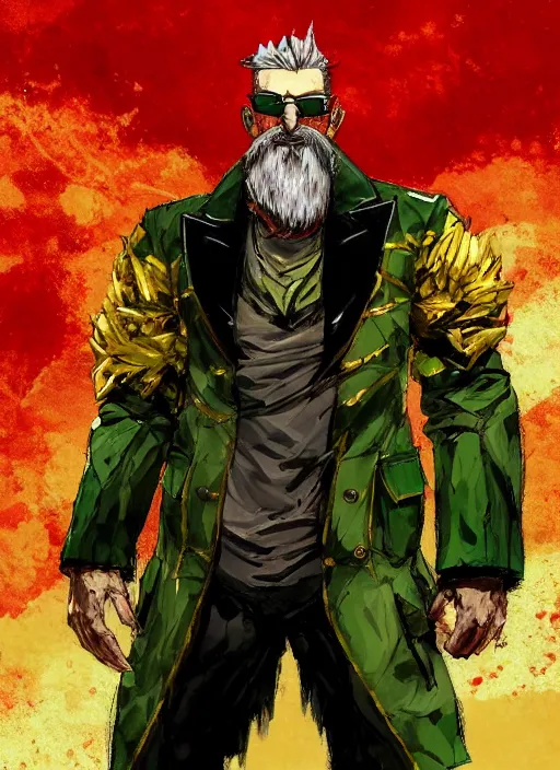 Prompt: Full body portrait of an old muscular man with blonde hair and beard red, green and gold jacket. In style of Yoji Shinkawa and Hyung-tae Kim, trending on ArtStation, dark fantasy, great composition, concept art, highly detailed.